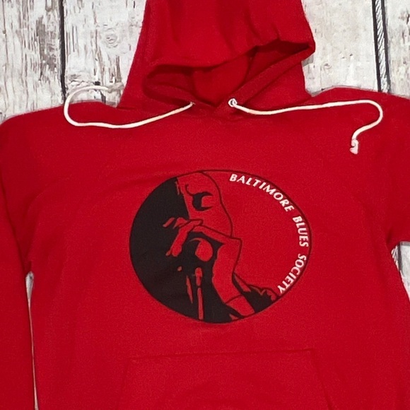 Vintage 80s Baltimore Blues Society Hoodie Red Pullover 1980s Sweatshirt - Picture 2 of 6
